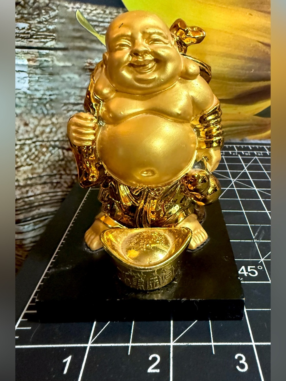 Eastern Enlightenment Golden Laughing Buddha Statue identified as Budai or Hotei